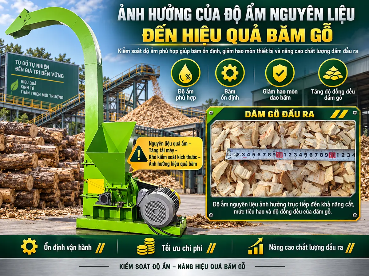 Ảnh hưởng của độ ẩm gỗ đến hiệu quả băm dăm thể hiện ở lát cắt, bụi vụn và thoát liệu. Tìm hiểu cách lấy mẫu, so sánh lô và chọn cấu hình máy.