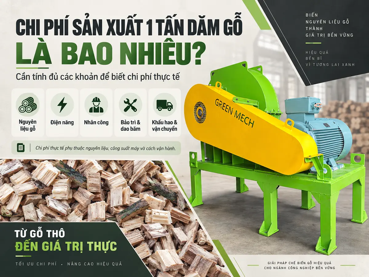 Chi phí sản xuất một tấn dăm gỗ cần tính đủ nguyên liệu, điện, nhân công, dao băm, bảo trì và các khoản phân bổ tại xưởng.
