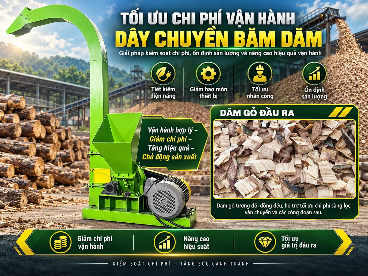 Tối ưu chi phí vận hành dây chuyền băm dăm từ điện, dao và thời gian dừng đến dăm đạt chuẩn. Cách đo tổn thất và chọn đúng hạng mục cải tiến.